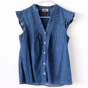 Tommy Jeans Womens Denim Sleeveless Blouse Blue Pintuck Flutter Sleeve Top Small